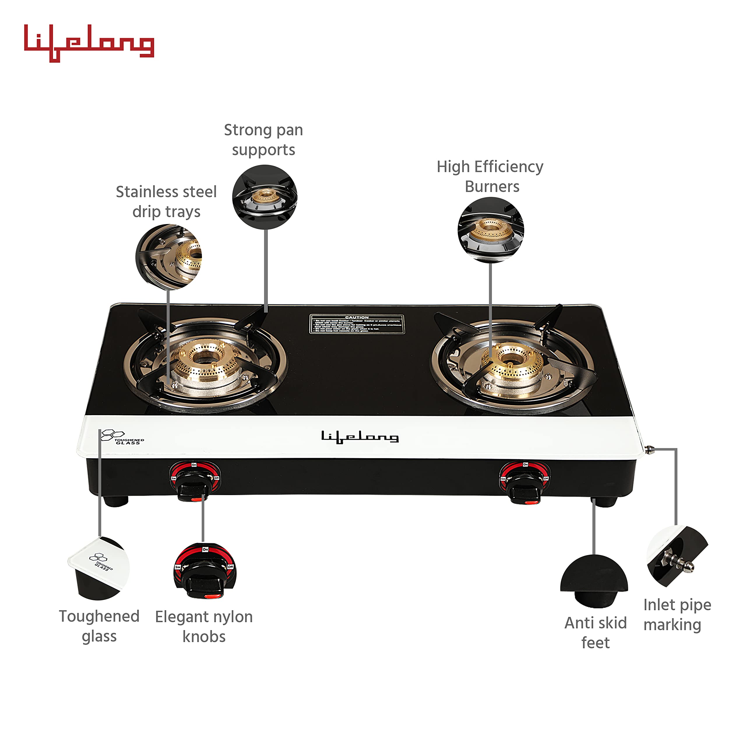 Lifelong Glass Top 2 Burner Gas Stove | Premium Design, Brass
